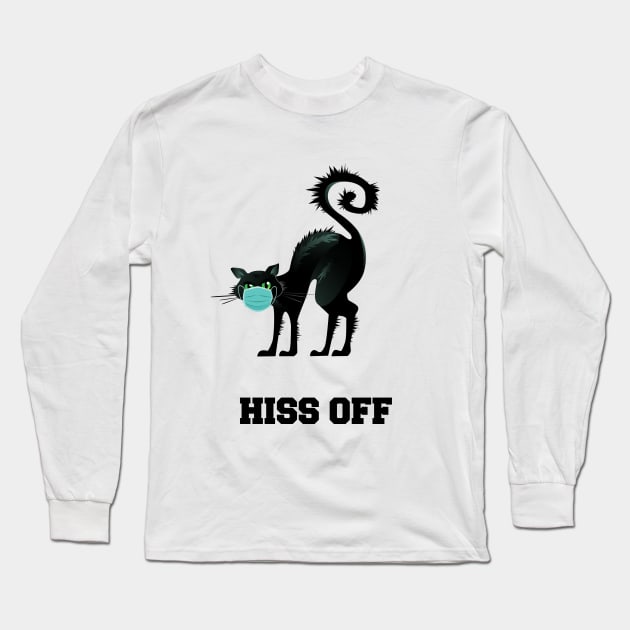 Hiss Off Black Cat with Face Mask Long Sleeve T-Shirt by AwesomeDesignArt